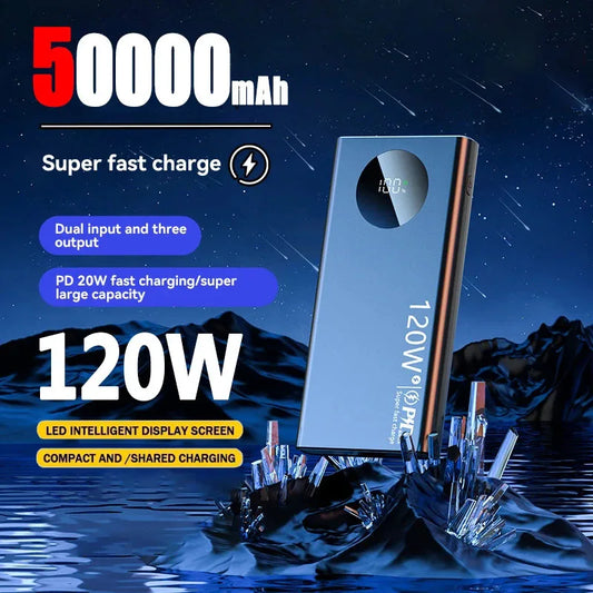 120w New Super Fast Charge 50000mAh Ultralarge Capacity Digital Display Mobile Power External Battery For Iphone Xiaomi Samsung